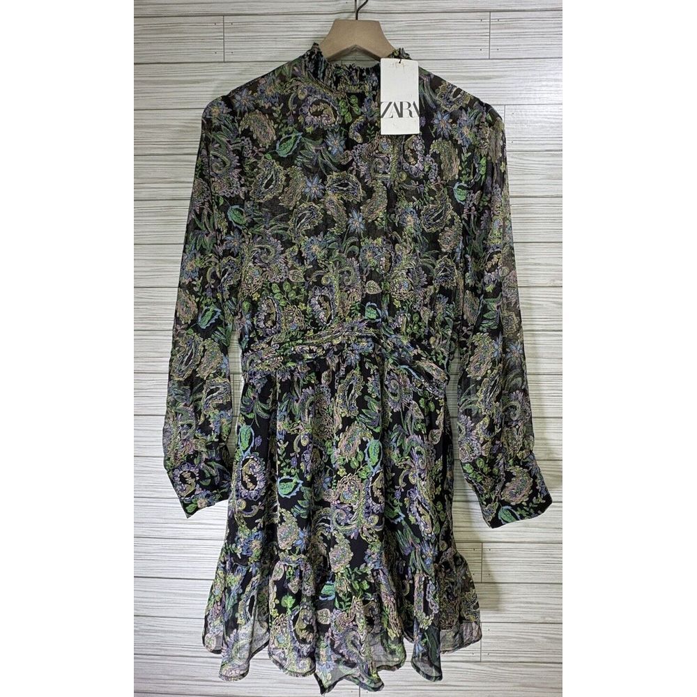 NWT Zara Green High Neck Floral Multicoloured‎ Dress With Frilled Hem Size Lg